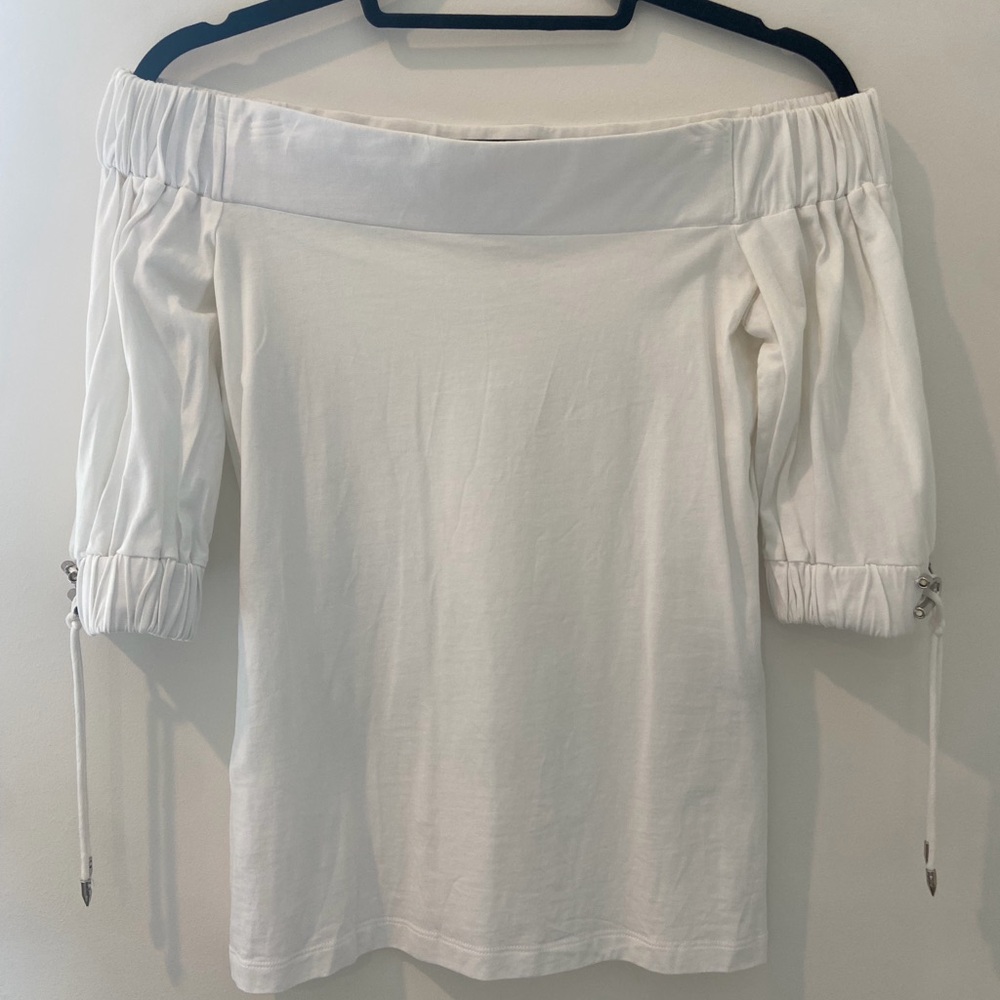 Mugler Paris white off-the-shoulder cotton blouse with tie embellishments